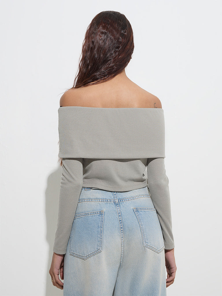 Nuon Grey Ribbed-Textured Off-Shoulder Top