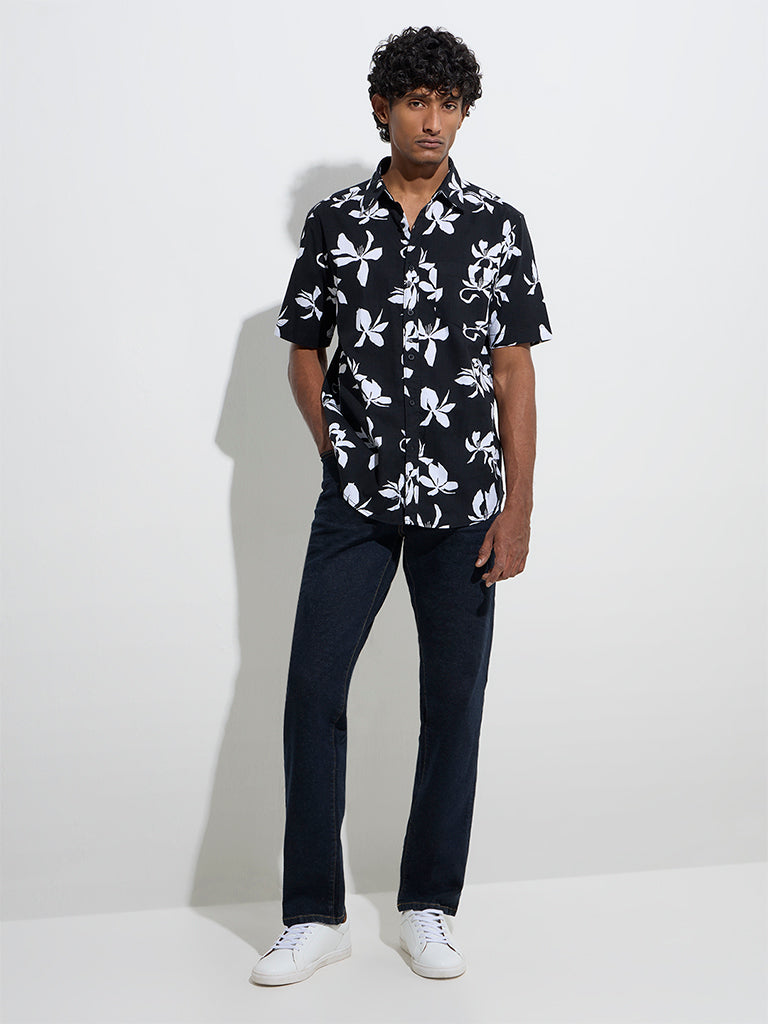 WES Casuals Black Floral Pattern Relaxed-Fit Cotton Shirt