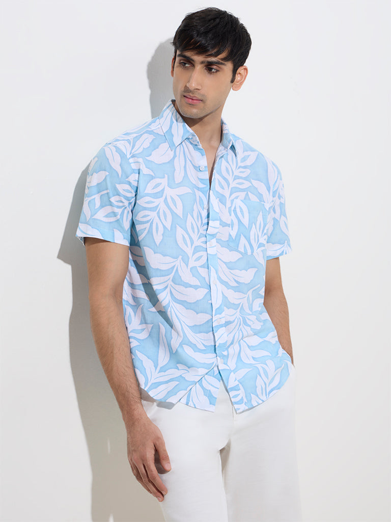 WES Casuals Blue Leaf Printed Relaxed-Fit Cotton Shirt