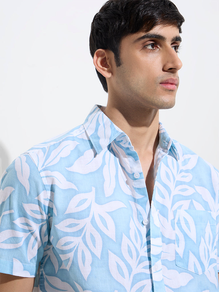 WES Casuals Blue Leaf Printed Relaxed-Fit Cotton Shirt