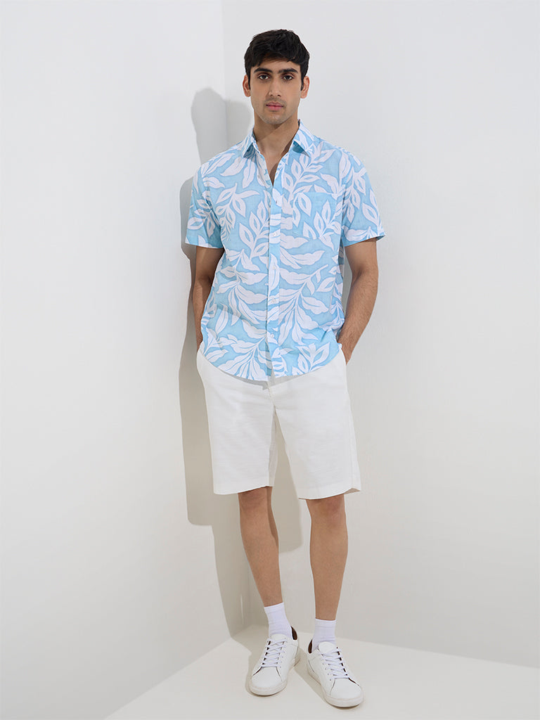 WES Casuals Blue Leaf Printed Relaxed-Fit Cotton Shirt