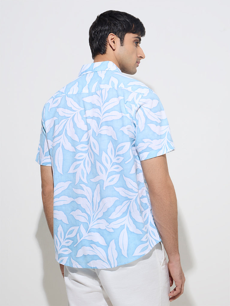 WES Casuals Blue Leaf Printed Relaxed-Fit Cotton Shirt