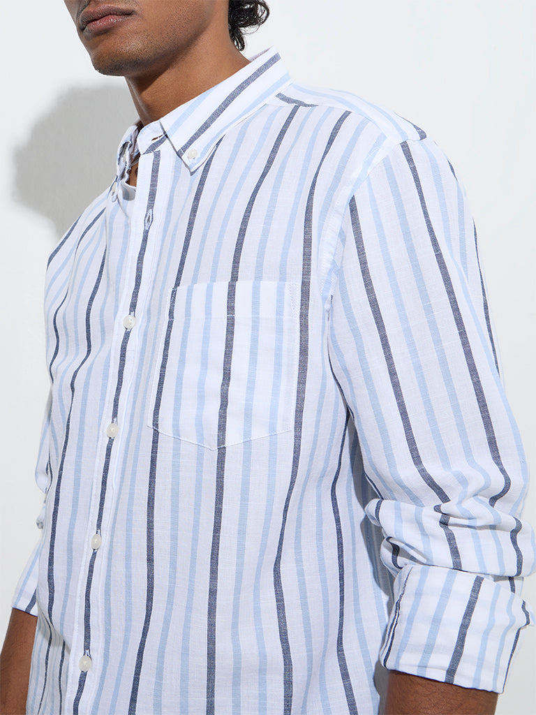 WES Casuals Blue Striped Relaxed-Fit Cotton-Blend Shirt