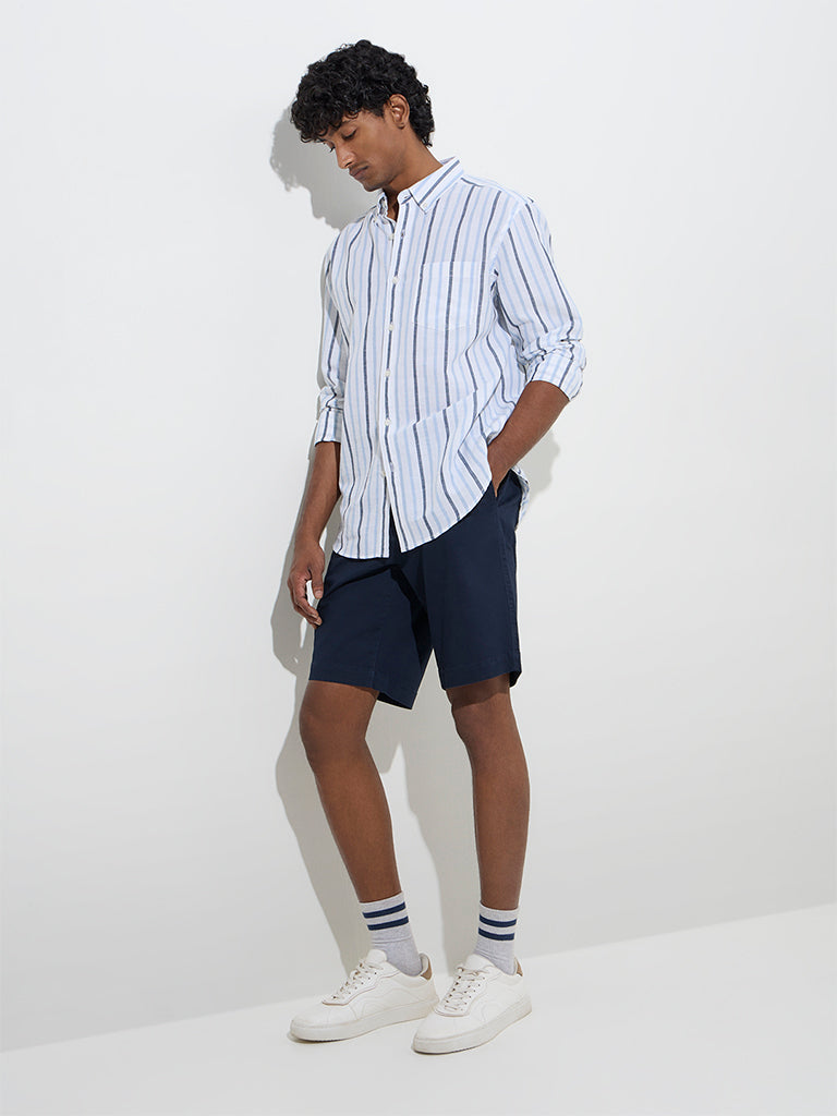 WES Casuals Blue Striped Relaxed-Fit Cotton-Blend Shirt