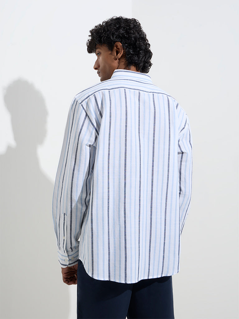 WES Casuals Blue Striped Relaxed-Fit Cotton-Blend Shirt