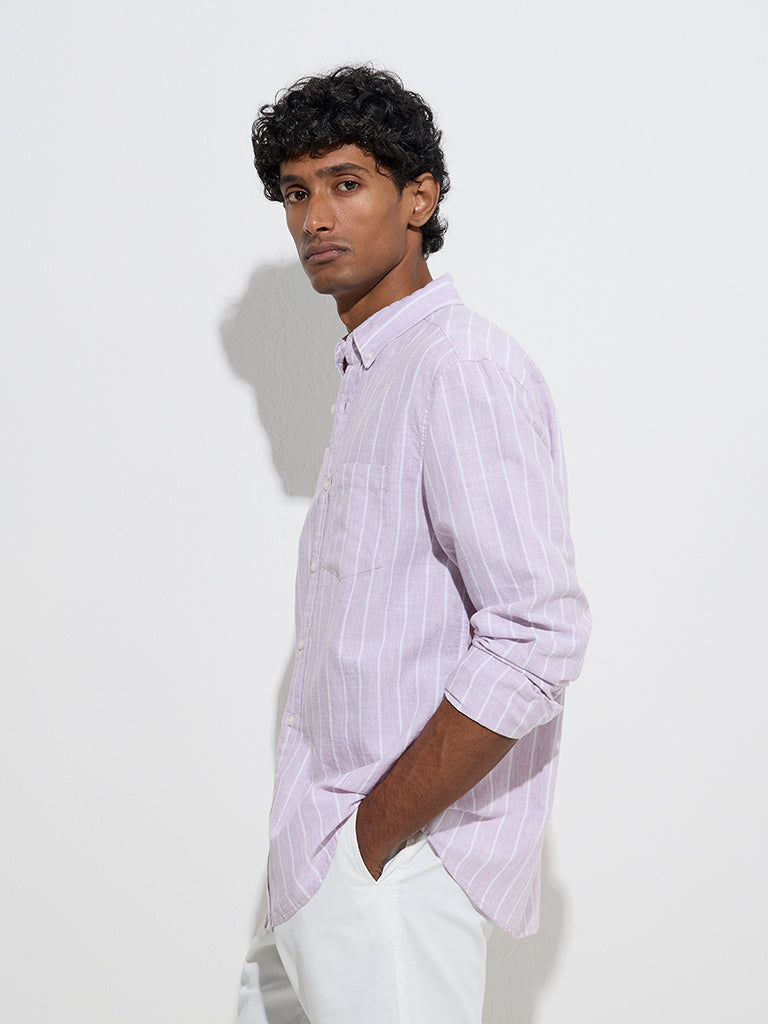 WES Casuals Lilac Striped Relaxed-Fit Cotton-Blend Shirt