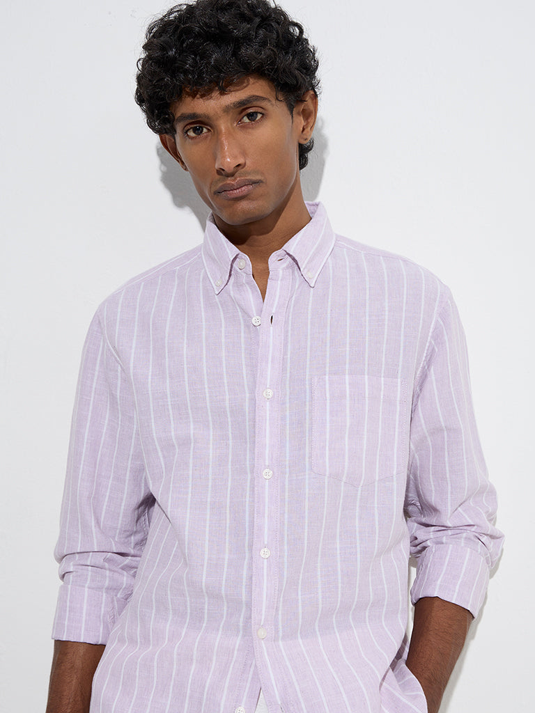 WES Casuals Lilac Striped Relaxed-Fit Cotton-Blend Shirt
