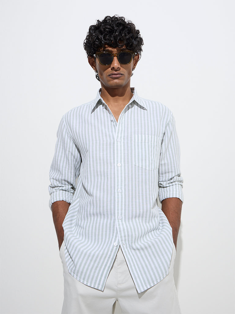 WES Casuals Sage Striped Relaxed-Fit Cotton-Blend Shirt