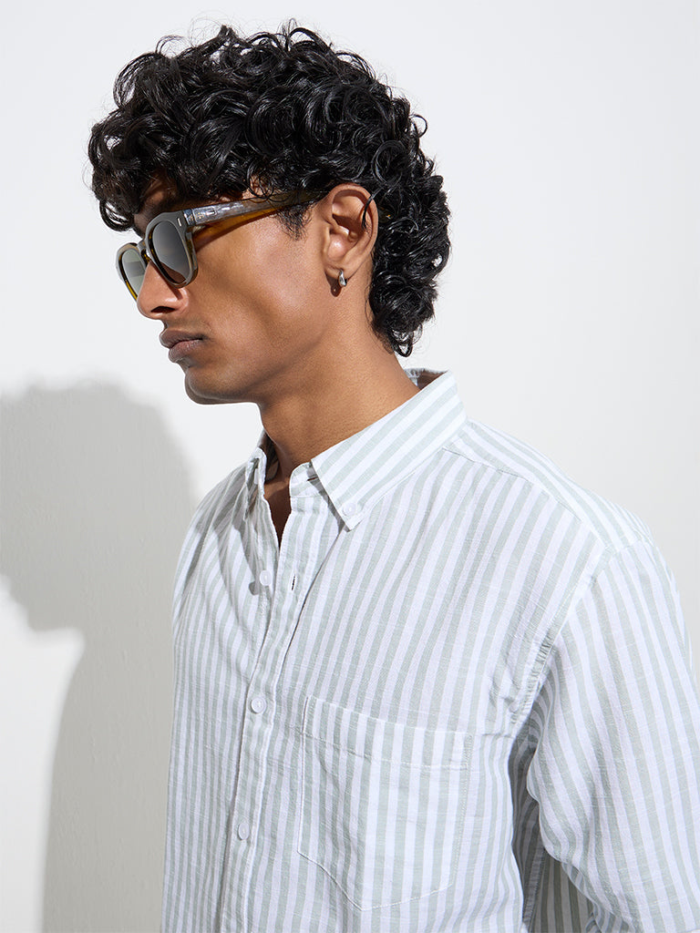 WES Casuals Sage Striped Relaxed-Fit Cotton-Blend Shirt