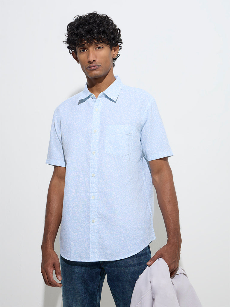 WES Casuals Blue Floral Relaxed-Fit Cotton-Blend Shirt