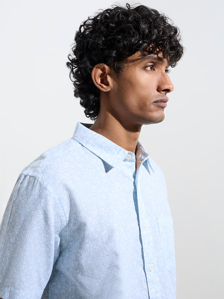 WES Casuals Blue Floral Relaxed-Fit Cotton-Blend Shirt