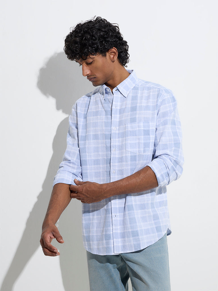 WES Casuals Light Blue Checks Design Relaxed-Fit Cotton Shirt