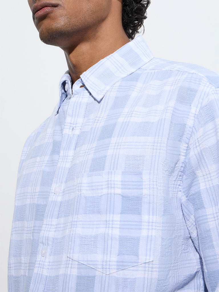 WES Casuals Light Blue Checks Design Relaxed-Fit Cotton Shirt