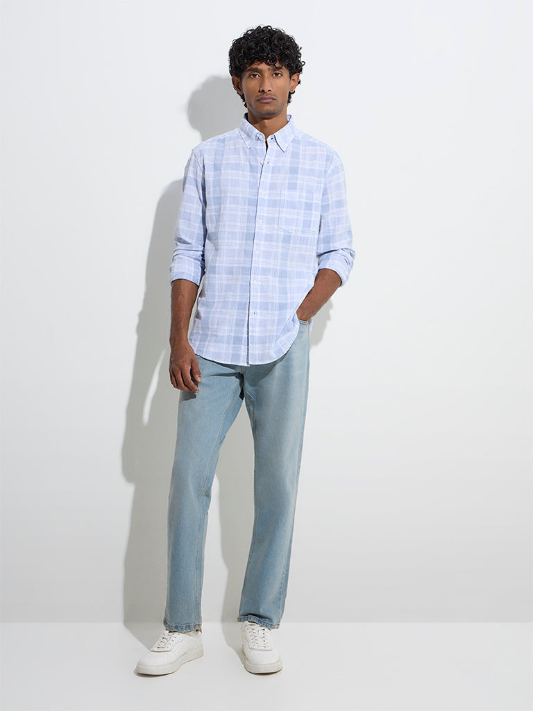 WES Casuals Light Blue Checks Design Relaxed-Fit Cotton Shirt