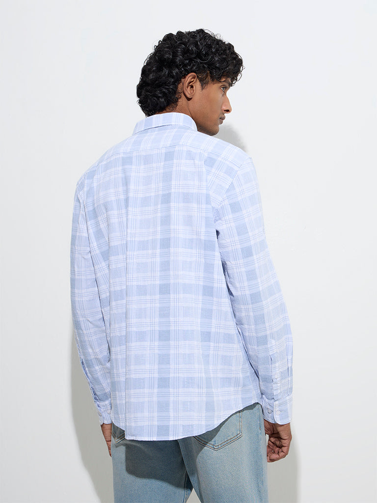 WES Casuals Light Blue Checks Design Relaxed-Fit Cotton Shirt