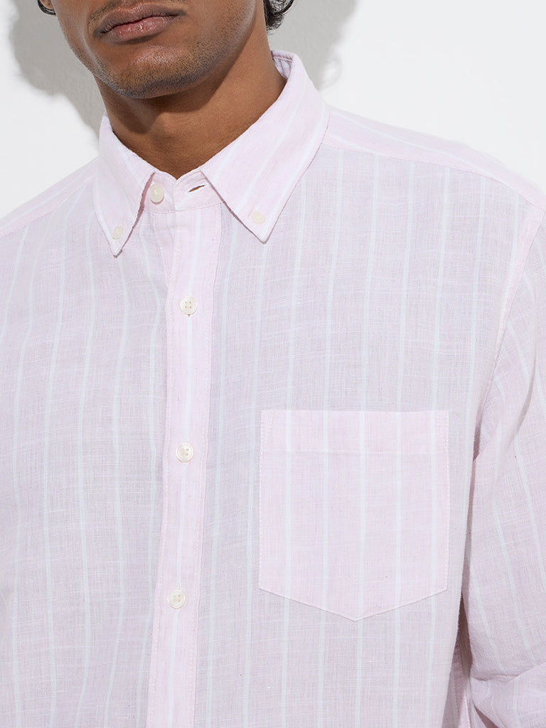 WES Casuals Light Pink Striped Relaxed-Fit Cotton-Blend Shirt