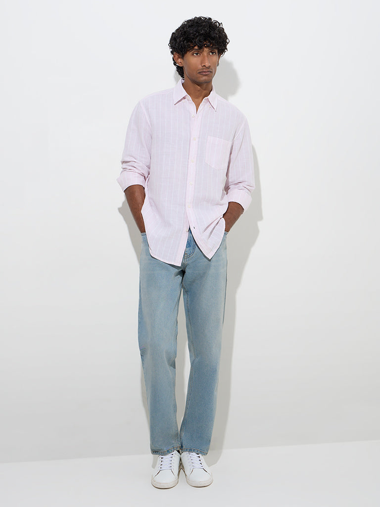 WES Casuals Light Pink Striped Relaxed-Fit Cotton-Blend Shirt