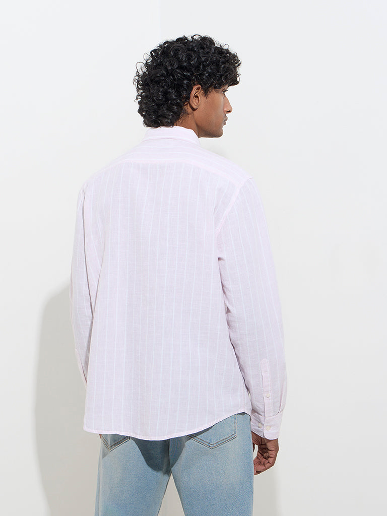 WES Casuals Light Pink Striped Relaxed-Fit Cotton-Blend Shirt