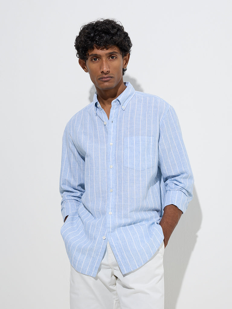 WES Casuals Blue Striped Relaxed-Fit Cotton-Blend Shirt