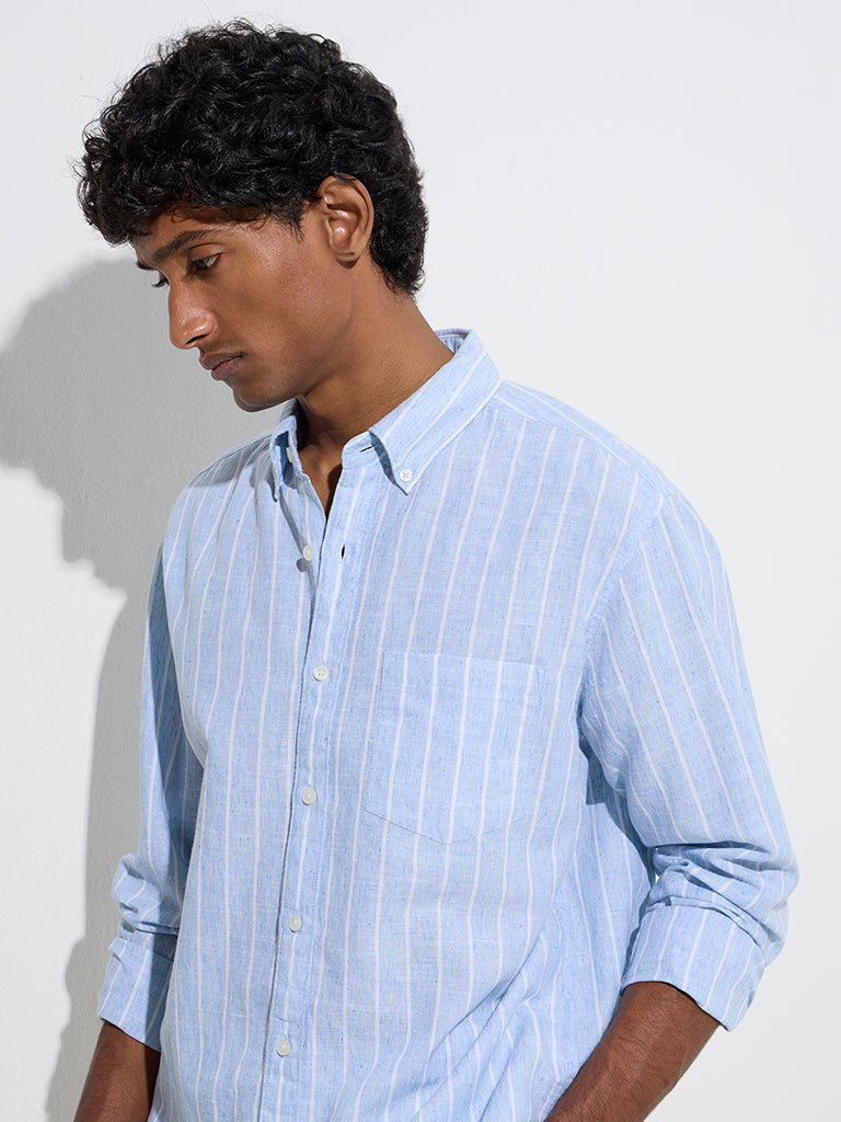 WES Casuals Blue Striped Relaxed-Fit Cotton-Blend Shirt