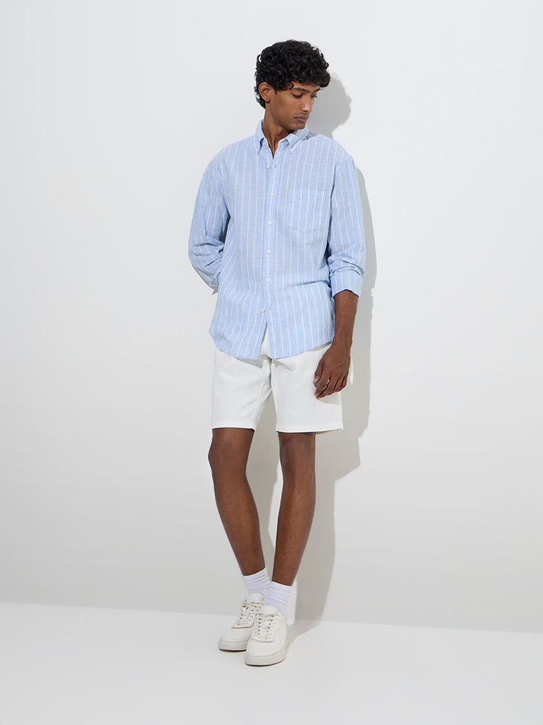 WES Casuals Blue Striped Relaxed-Fit Cotton-Blend Shirt