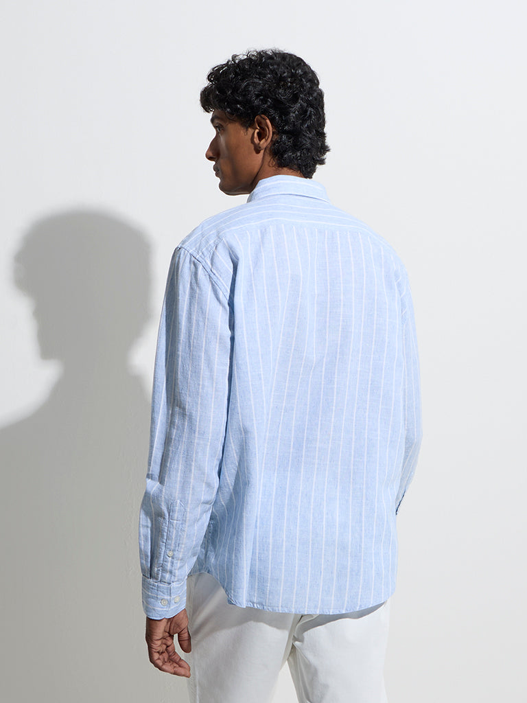 WES Casuals Blue Striped Relaxed-Fit Cotton-Blend Shirt