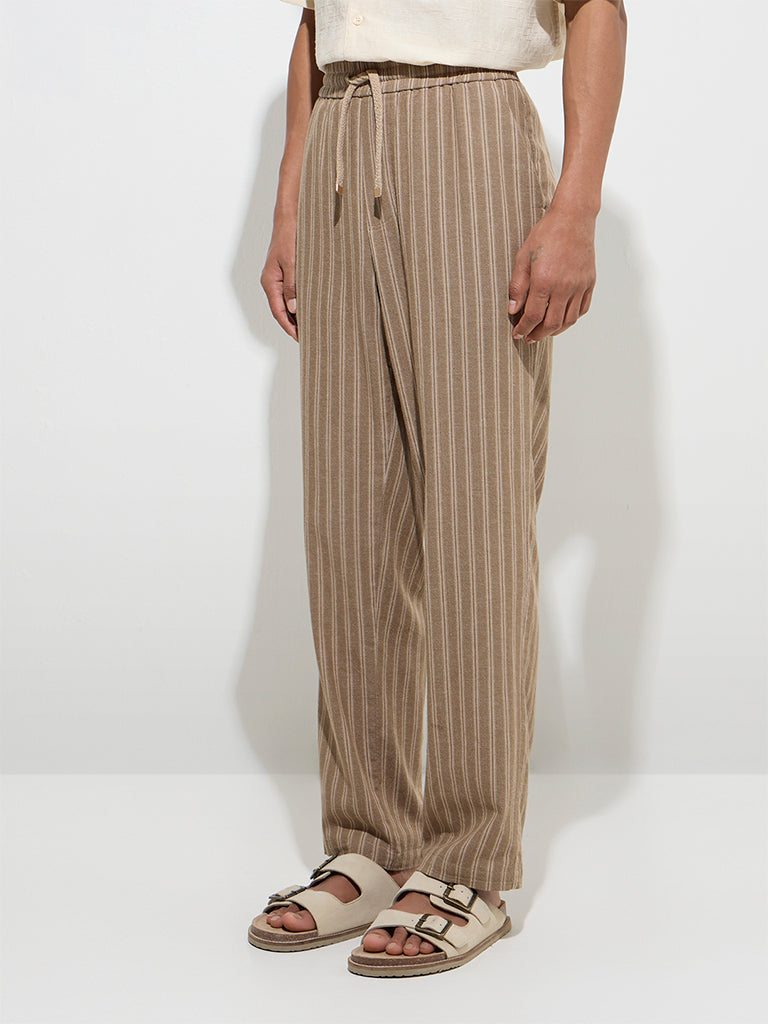 ETA Taupe Striped Relaxed-Fit Cotton-Blend Mid-Rise Chinos