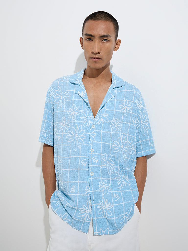 Nuon Light Blue Floral Printed Relaxed-Fit Shirt