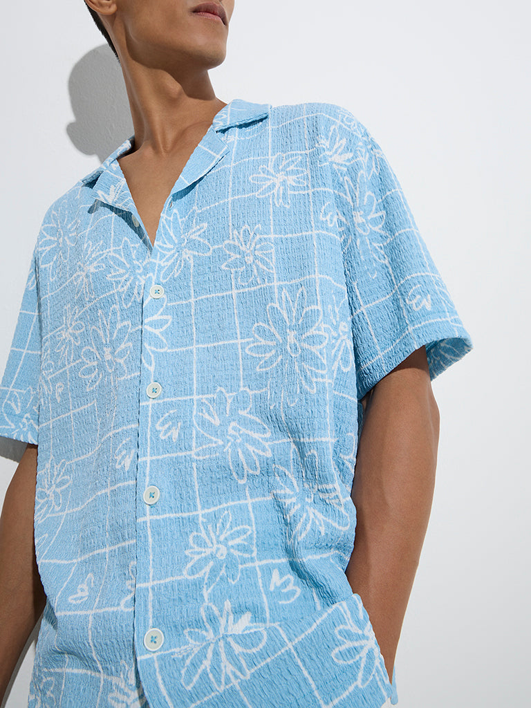 Nuon Light Blue Floral Printed Relaxed-Fit Shirt