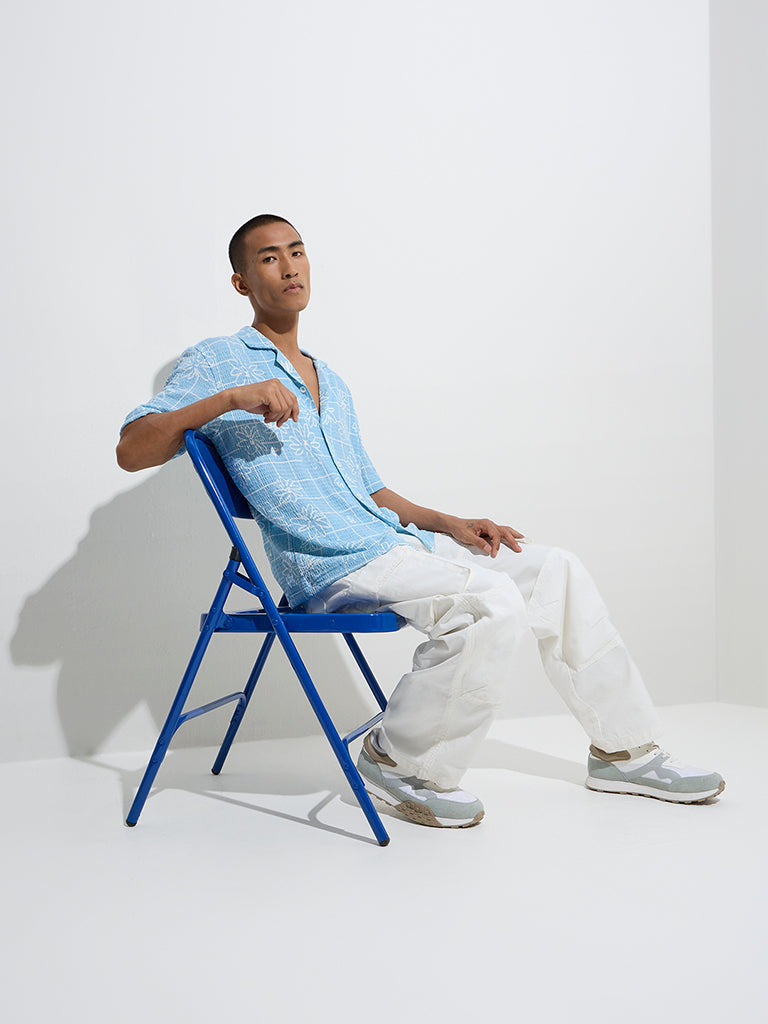 Nuon Light Blue Floral Printed Relaxed-Fit Shirt