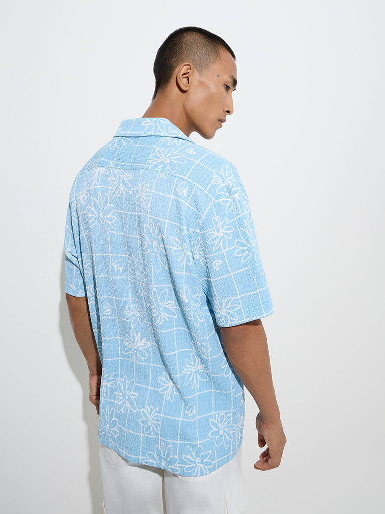 Nuon Light Blue Floral Printed Relaxed-Fit Shirt