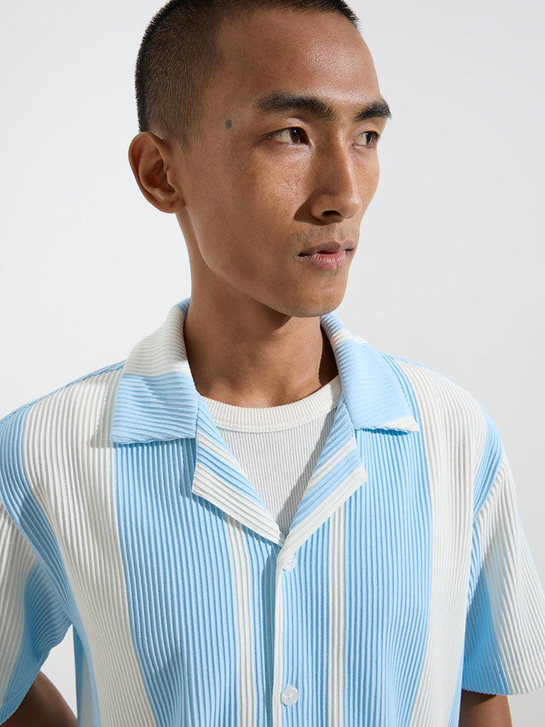 Nuon Blue Stripe Printed Ribbed Relaxed-Fit Shirt
