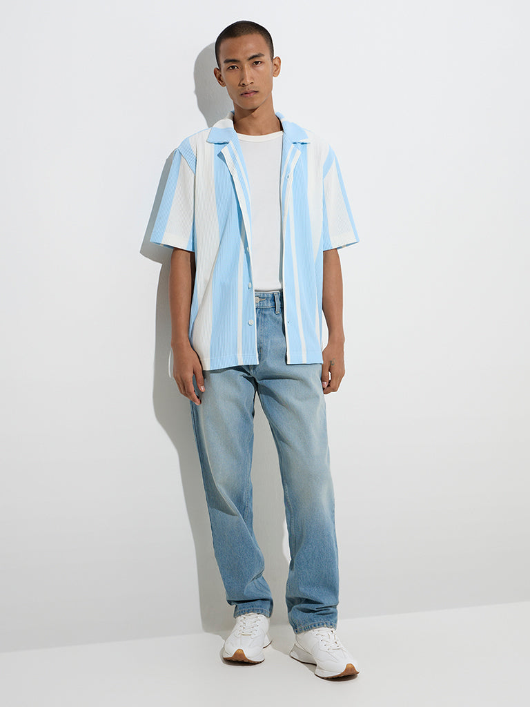 Nuon Blue Stripe Printed Ribbed Relaxed-Fit Shirt