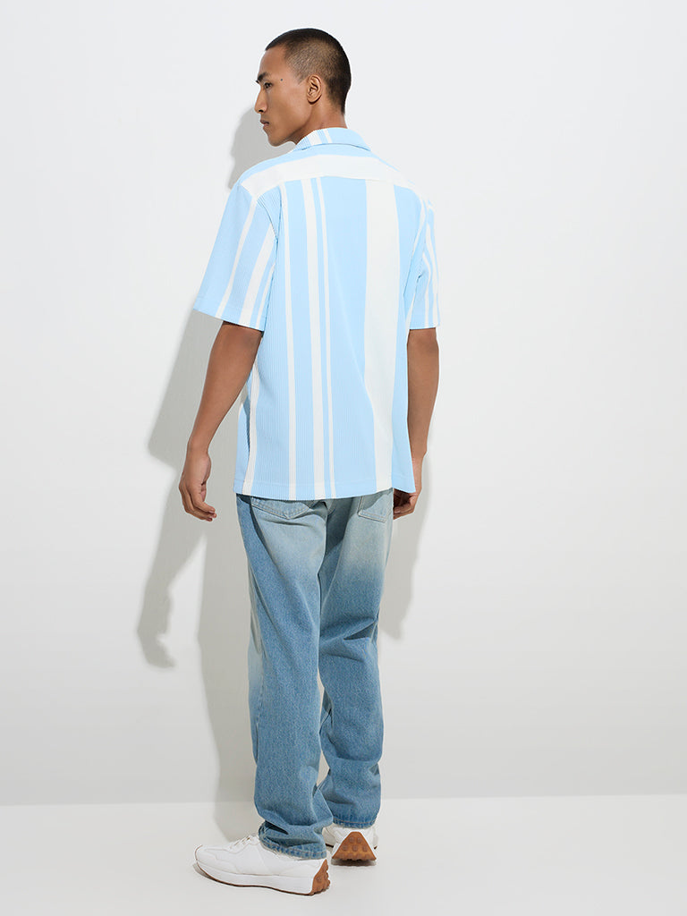 Nuon Blue Stripe Printed Ribbed Relaxed-Fit Shirt