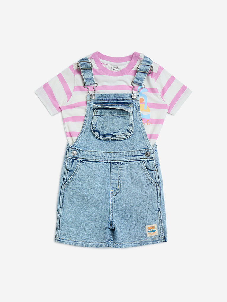 westisde HOP Boys' Kids Light Blue Denim Dungaree with Top Set for Casual Wear Front View