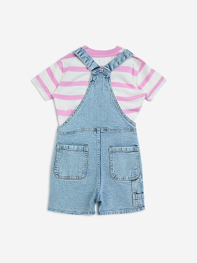 westisde HOP Boys' Kids Light Blue Denim Dungaree with Top Set for Casual Wear Back View