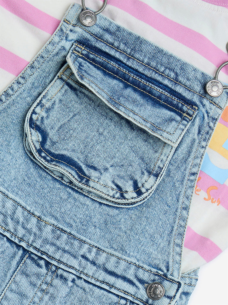 westisde HOP Boys' Kids Light Blue Denim Dungaree with Top Set for Casual Wear Zoom View