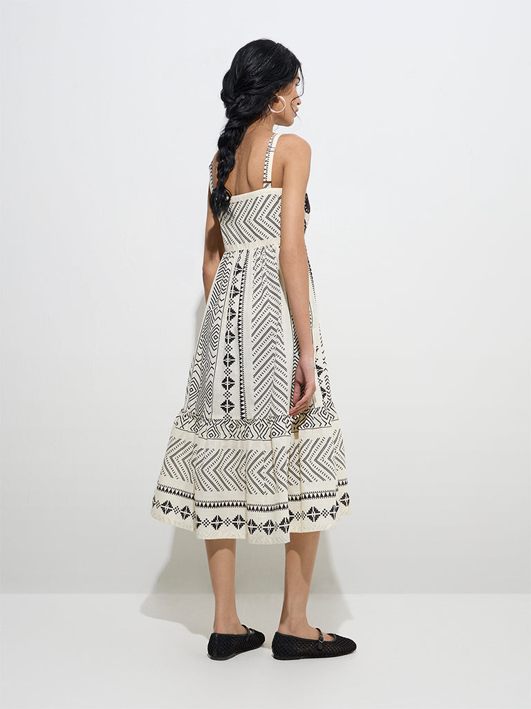 Bombay Paisley Off-White Embroidered Cotton Tiered Dress