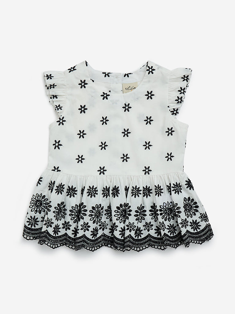 Utsa Kids Off-White Floral Embroidered Cotton Ethnic Top - (2-8yrs)
