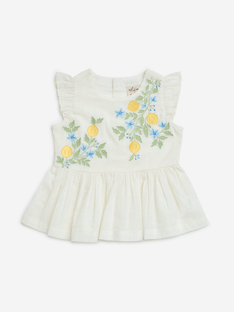 Utsa Kids White Floral Embroidered Cotton Peplum Top - (2-8yrs)