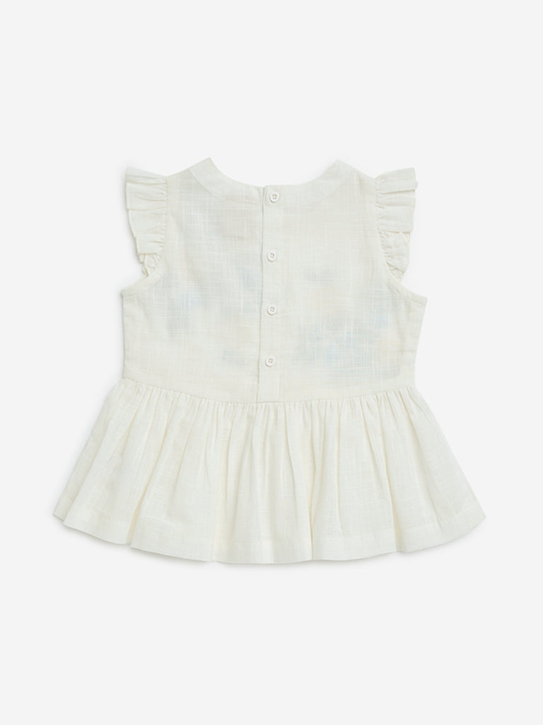 Utsa Kids White Floral Embroidered Cotton Peplum Top - (2-8yrs)