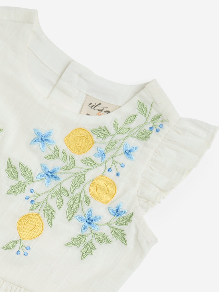 Utsa Kids White Floral Embroidered Cotton Peplum Top - (2-8yrs)