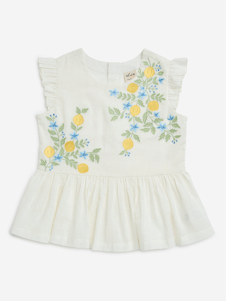 Utsa Kids White Floral Embroidered Cotton Peplum Top - (9-14yrs)