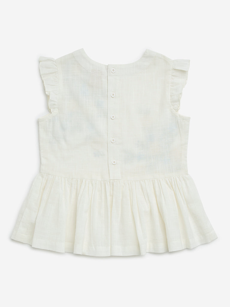 Utsa Kids White Floral Embroidered Cotton Peplum Top - (9-14yrs)