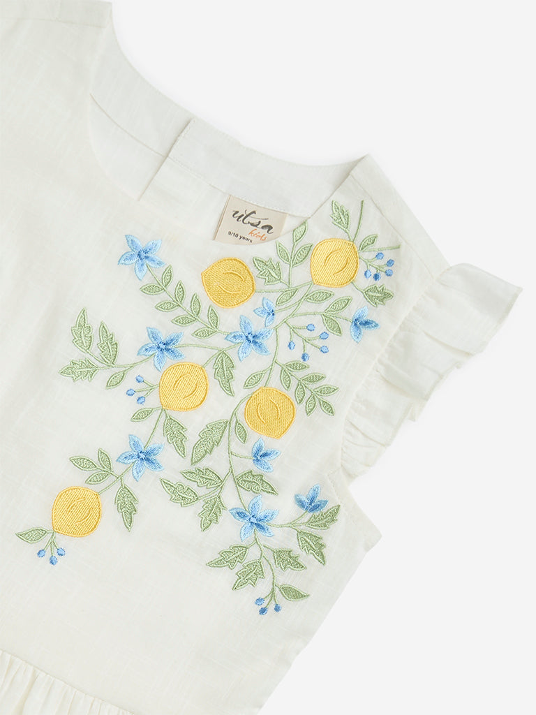 Utsa Kids White Floral Embroidered Cotton Peplum Top - (9-14yrs)