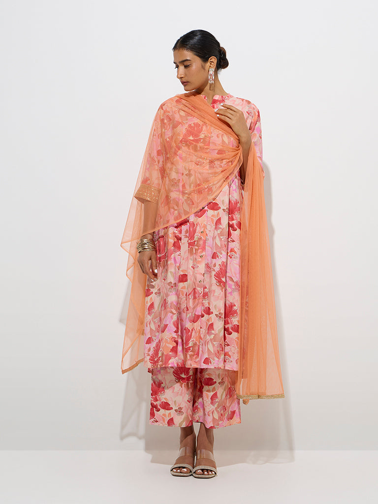 Vark Dark Peach Floral A-Line Kurta, Palazzos Dupatta Set