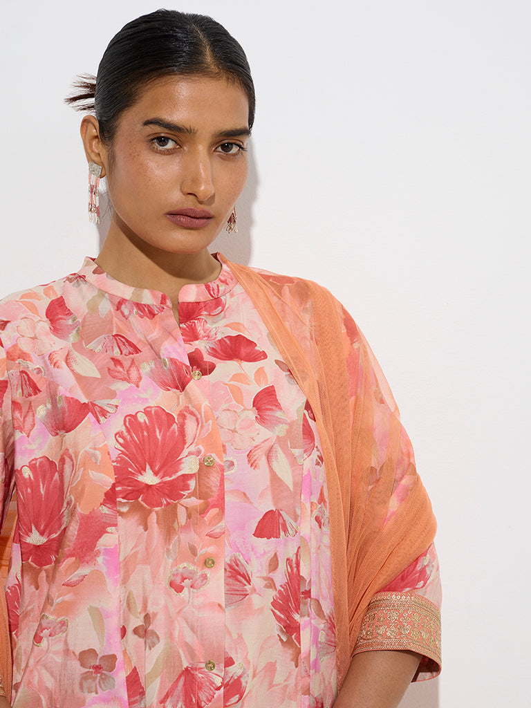 Vark Dark Peach Floral A-Line Kurta, Palazzos Dupatta Set