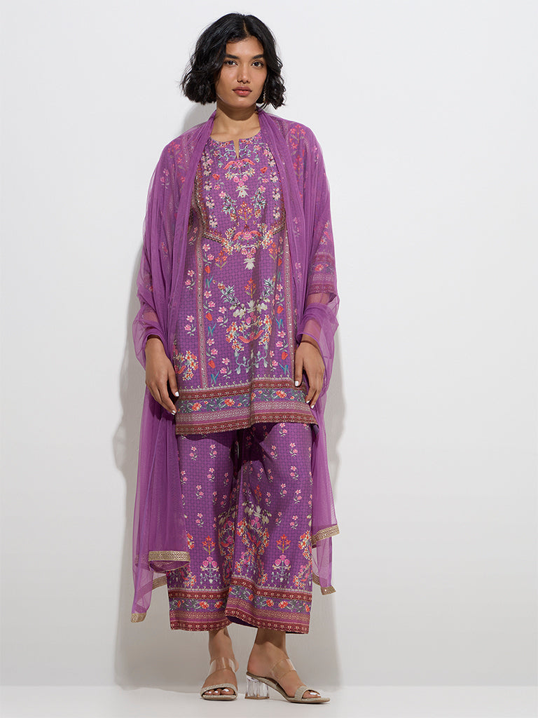 Vark Purple Floral Straight Kurti, Palazzos and Dupatta Set