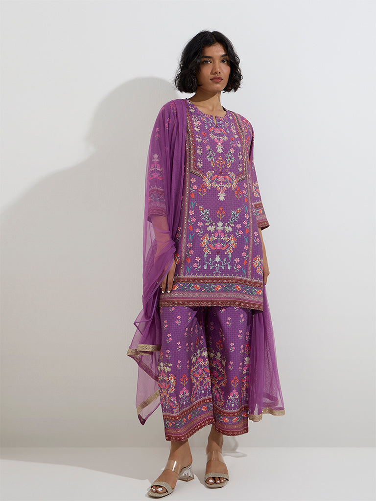 Vark Purple Floral Straight Kurti, Palazzos and Dupatta Set