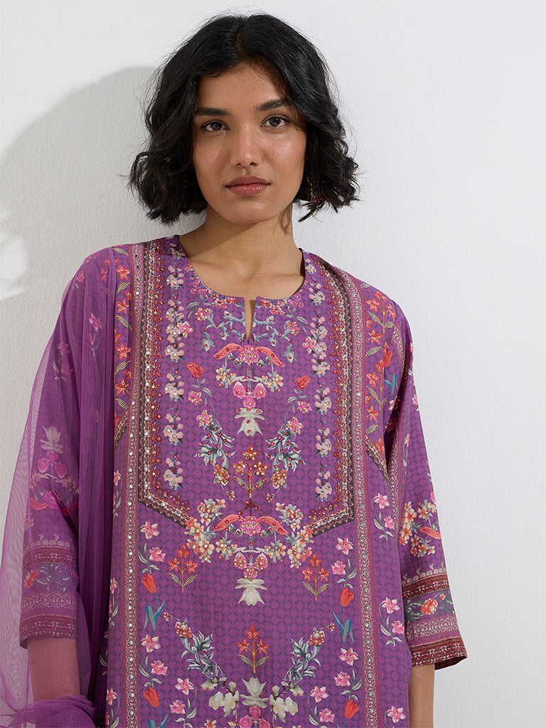 Vark Purple Floral Straight Kurti, Palazzos and Dupatta Set
